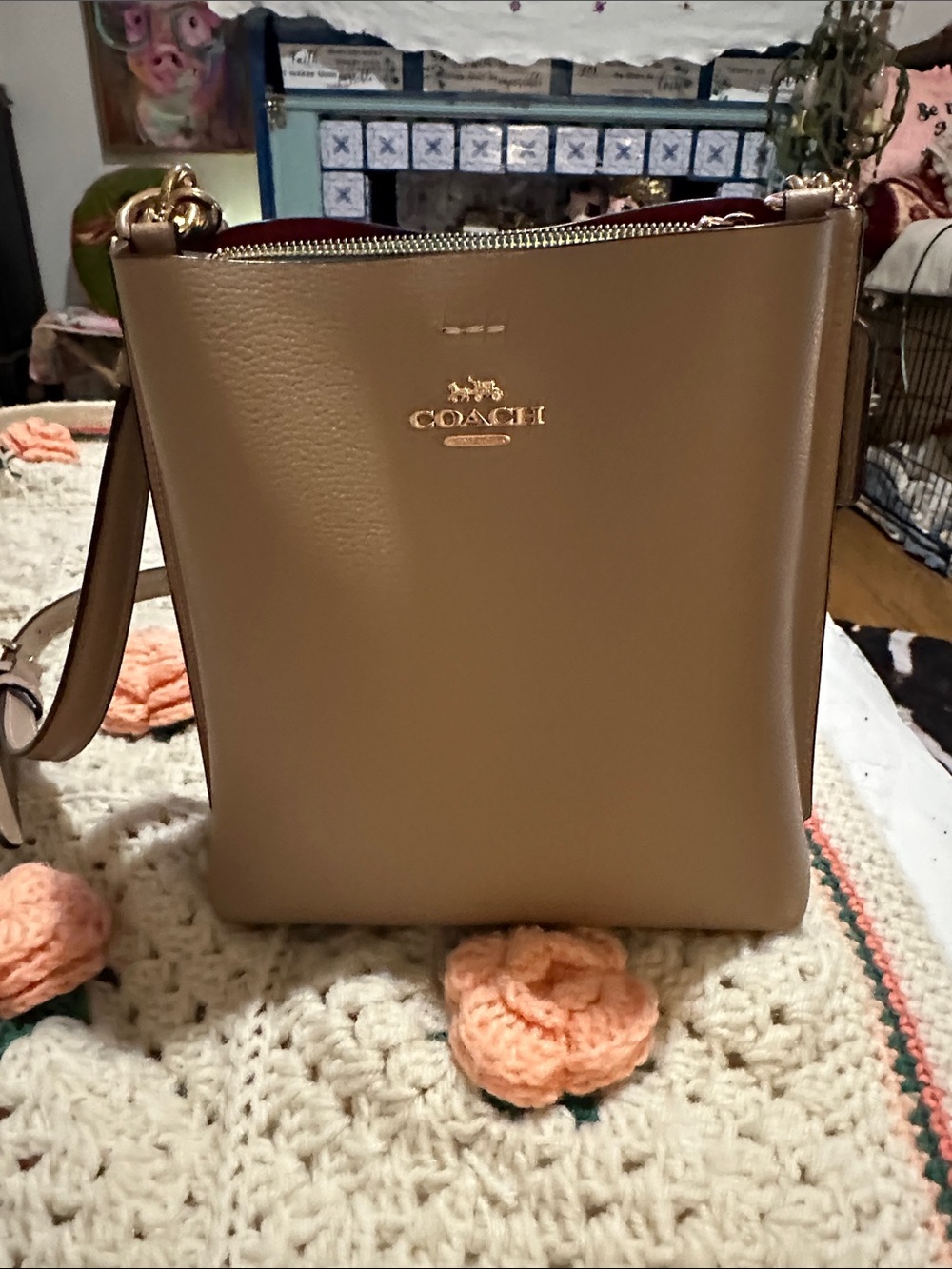 Coach Taupe Pebbled Leather Crossbody with Gold Hardware